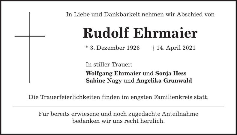 Traueranzeige Rudolf Ehrmaier
