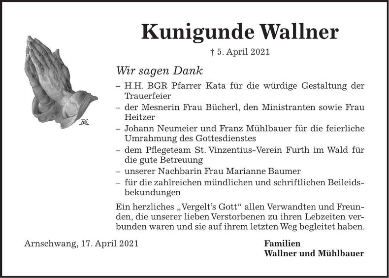 Traueranzeige Kunigunde Wallner