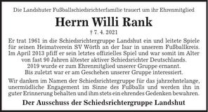 Traueranzeige Willi Rank