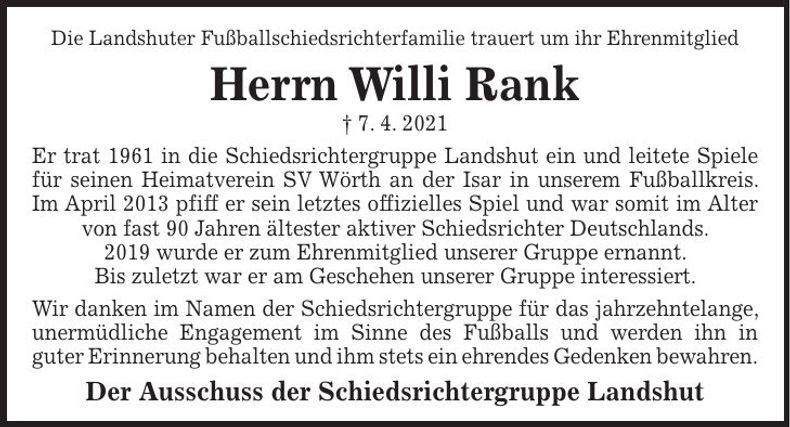 Traueranzeige Willi Rank