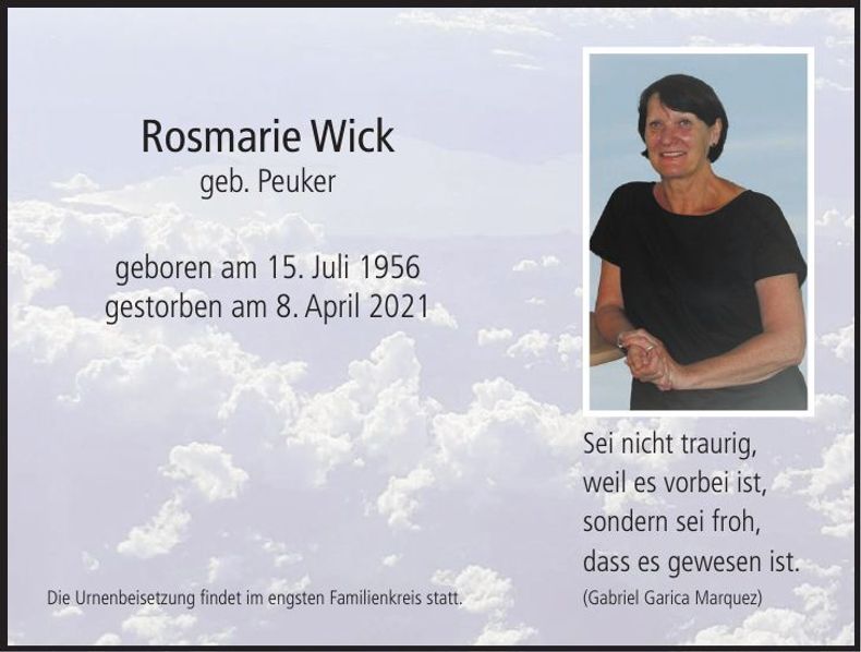Traueranzeige Rosmarie Wick