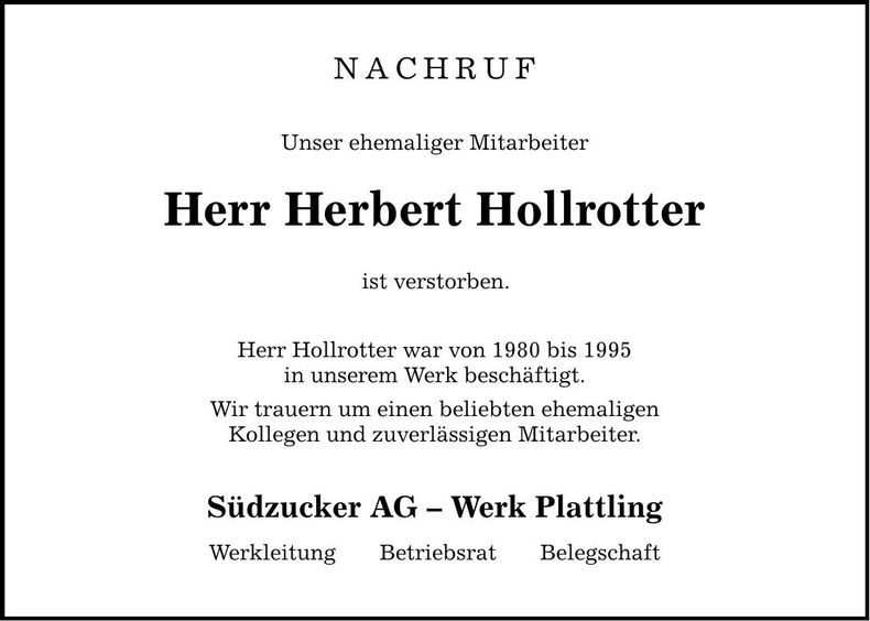 Traueranzeige Herbert Hollrotter