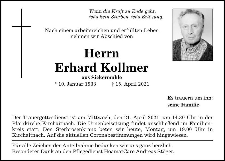 Traueranzeige Erhard Kollmer