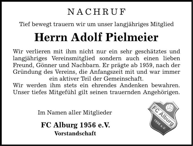 Traueranzeige Pielmeier Adolf