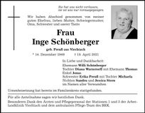 Traueranzeige Inge Schönberger