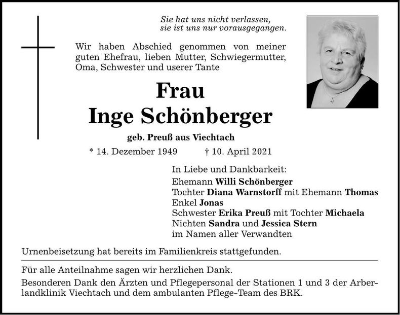 Traueranzeige Inge Schönberger