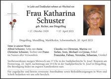 Traueranzeige Katharina Schuster