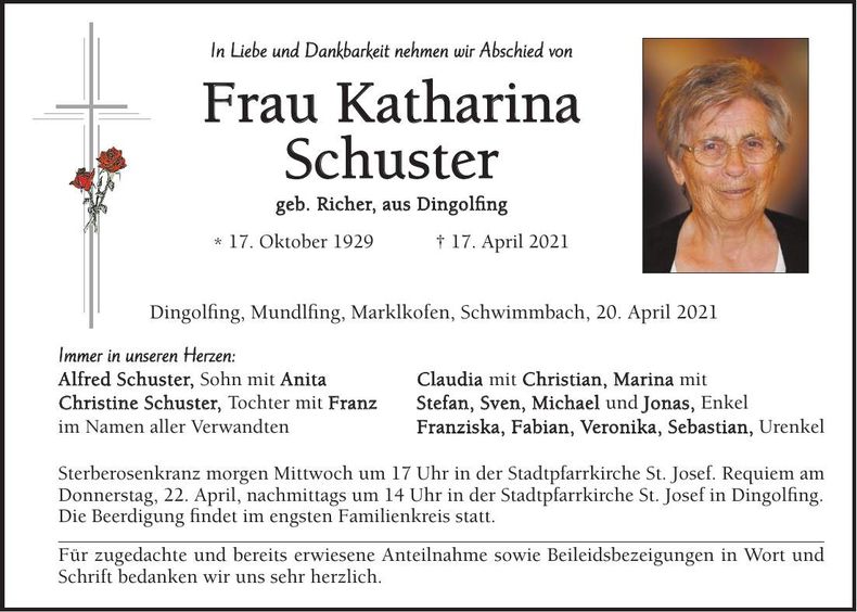 Traueranzeige Katharina Schuster