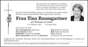 Traueranzeige Tina Baumgartner