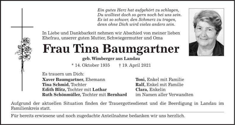 Traueranzeige Tina Baumgartner