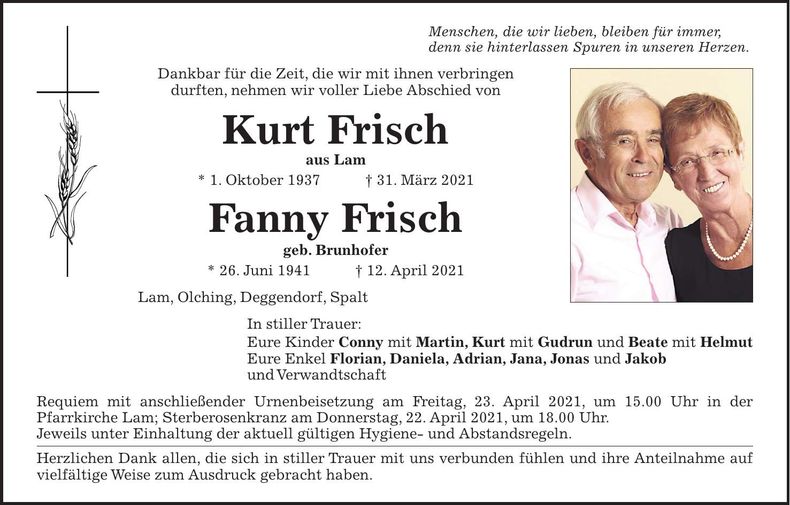 Traueranzeige Kurt und Fanny Frisch