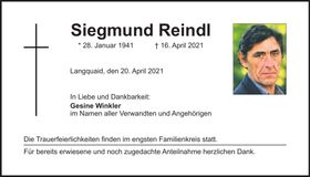 Traueranzeige Siegmund Reindl