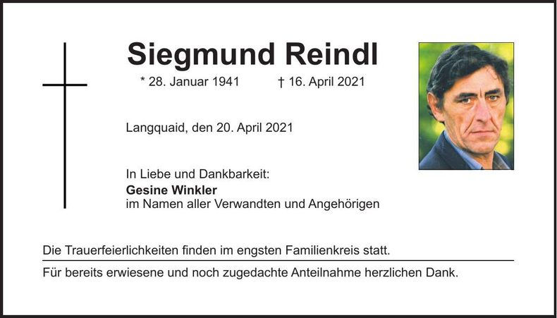 Traueranzeige Siegmund Reindl