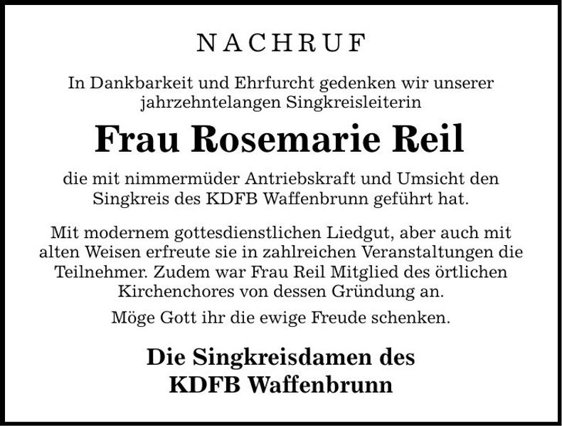 Traueranzeige Rosemarie Reil