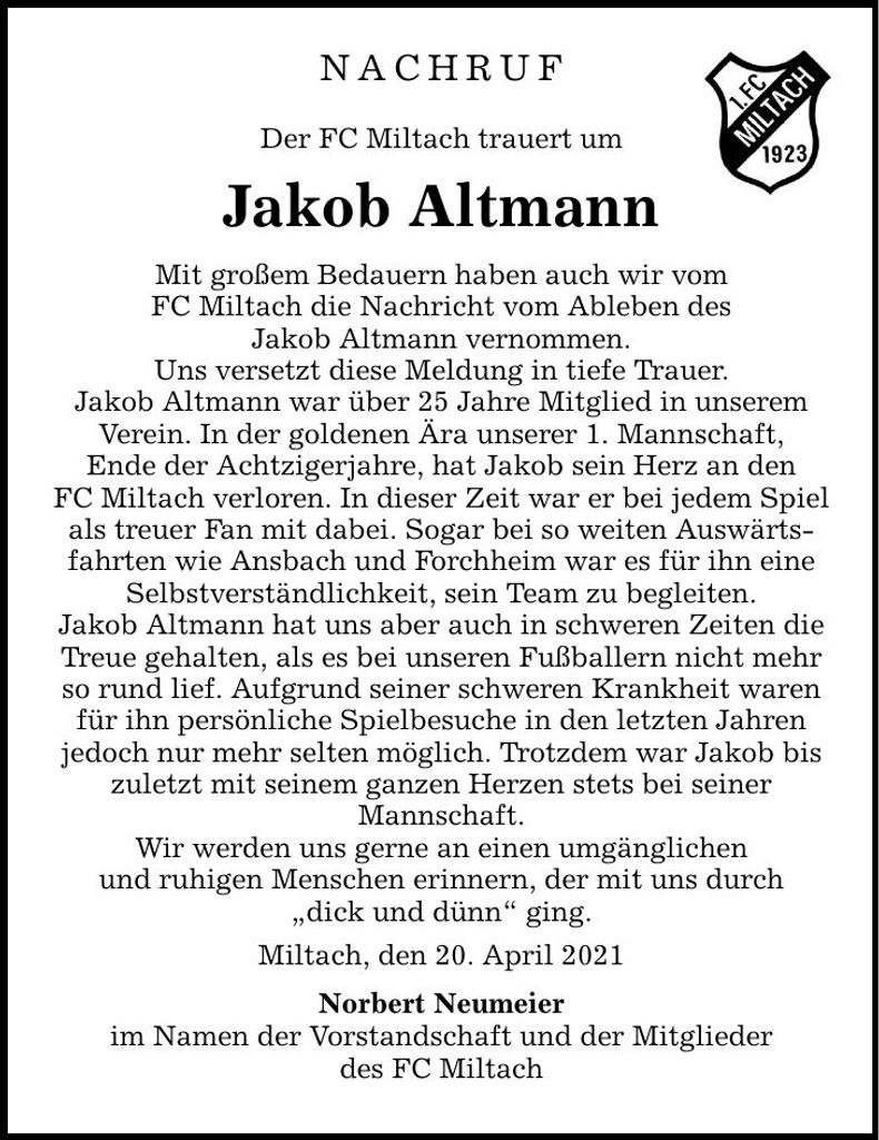 Traueranzeige Jakob Altmann
