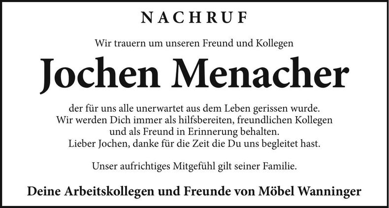 Traueranzeige Jochen Menacher