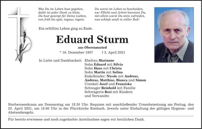 Traueranzeige Eduard Sturm