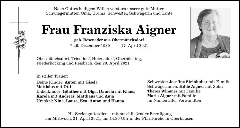Traueranzeige Franziska Aigner