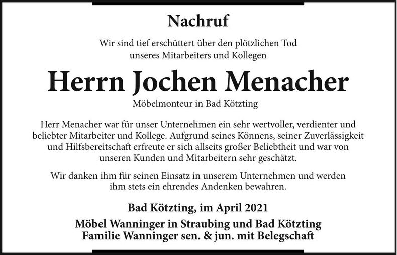 Traueranzeige Jochen Menacher