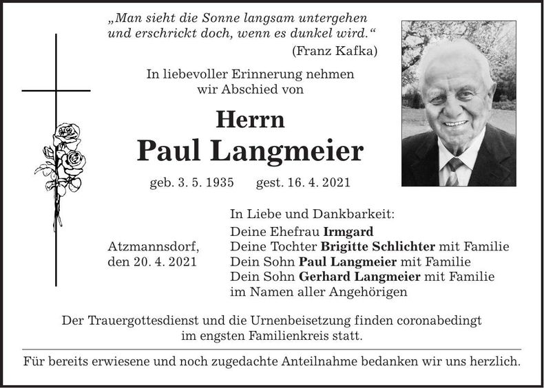 Traueranzeige Paul Langmeier