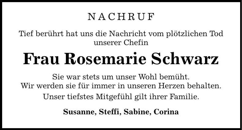 Traueranzeige Rosemarie Schwarz