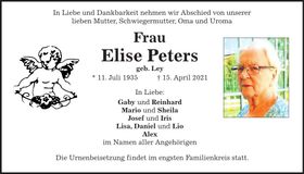 Traueranzeige Elise Peters