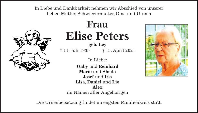 Traueranzeige Elise Peters