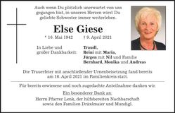 Traueranzeige Else Giese