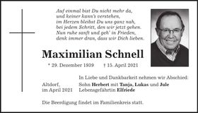 Traueranzeige Maximilian Schnell