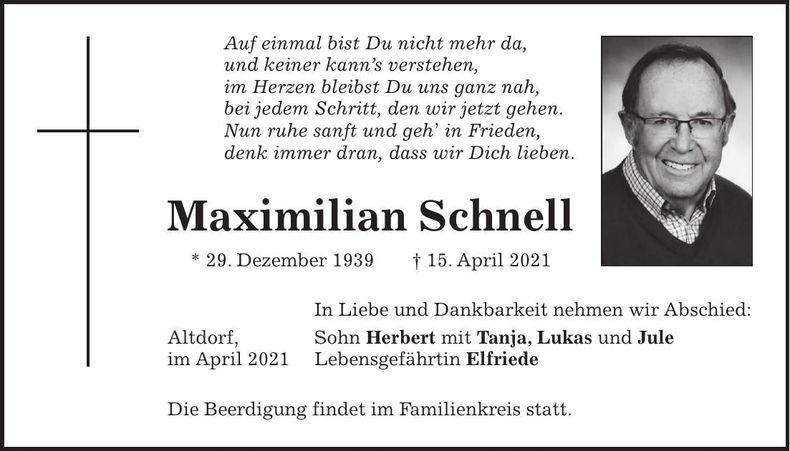 Traueranzeige Maximilian Schnell