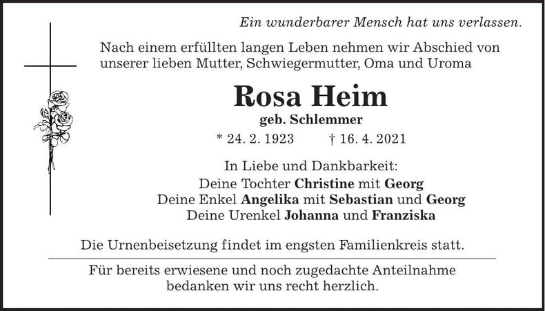 Traueranzeige Rosa Heim