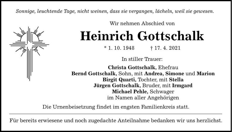 Traueranzeige Heinrich Gottschalk