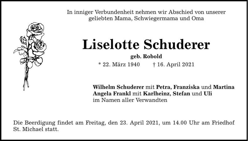 Traueranzeige Liselotte Schuderer