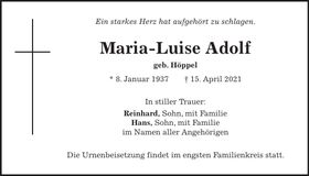 Traueranzeige Maria-Luise Adolf