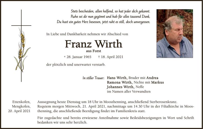 Traueranzeige Franz Wirth