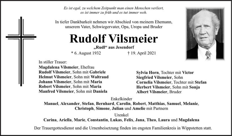 Traueranzeige Rudolf Vilsmeier