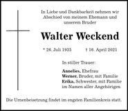 Traueranzeige Walter Weckend