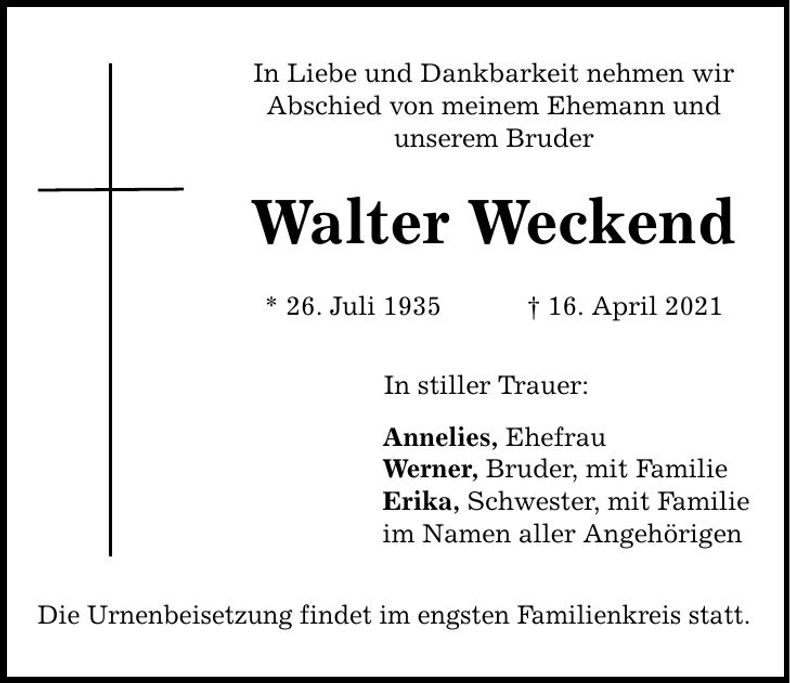 Traueranzeige Walter Weckend