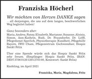 Traueranzeige Franzsika Höcherl