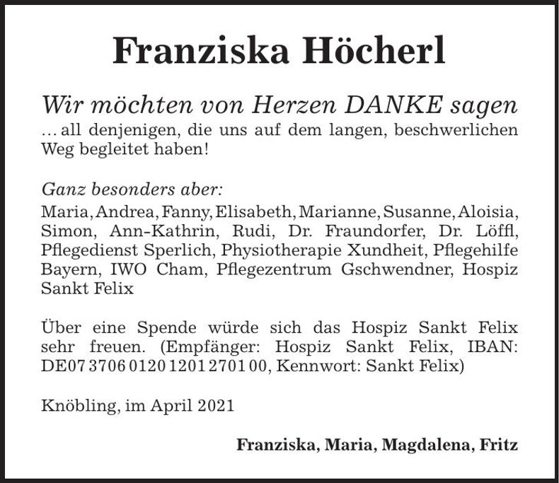Traueranzeige Franzsika Höcherl