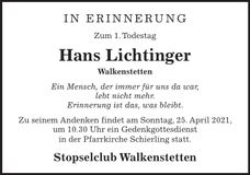 Traueranzeige Hans Lichtinger