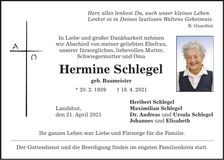 Traueranzeige Hermine Schlegel