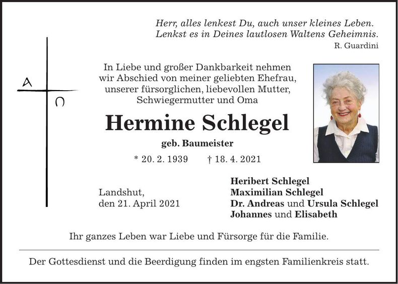 Traueranzeige Hermine Schlegel