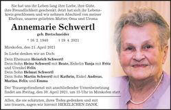 Traueranzeige Annemarie Schwertl