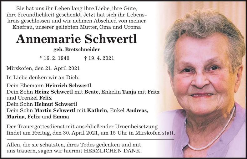 Traueranzeige Annemarie Schwertl