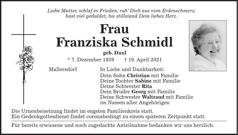 Traueranzeige Franziska Schmidl