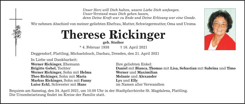 Traueranzeige Therese Rickinger