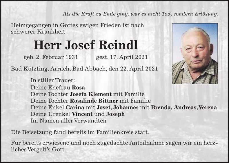 Traueranzeige Josef Reindl
