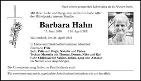 Traueranzeige Barbara Hahn