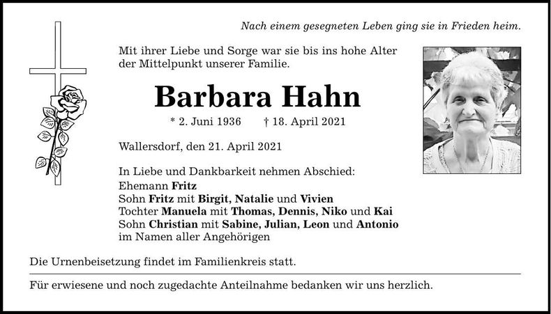 Traueranzeige Barbara Hahn